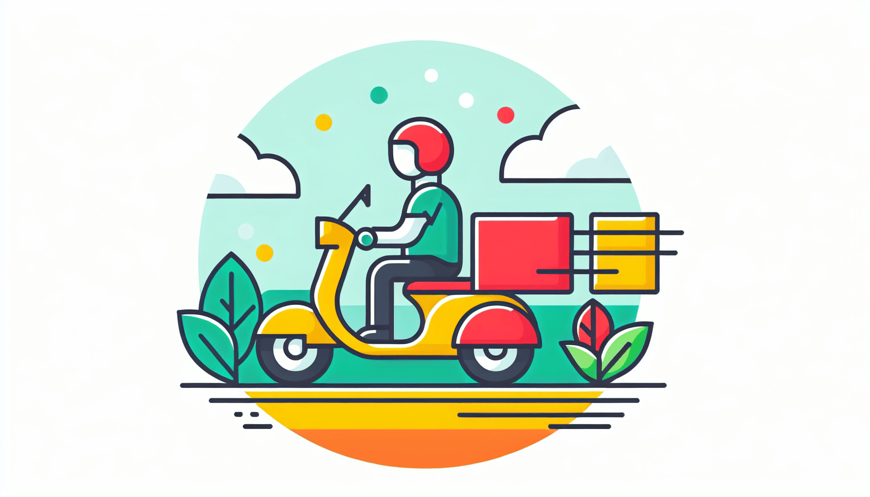 Food delivery -> Delivery scooter in flat illustration style and white background, red #f47574, green #88c7a8, yellow #fcc44b, and blue #645bc8 colors.