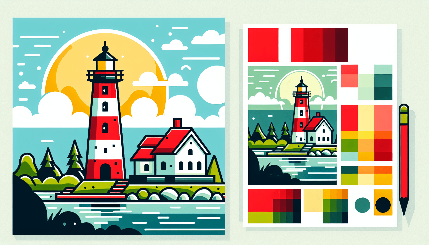 Professional coaching -> Lighthouse in flat illustration style and white background, red #f47574, green #88c7a8, yellow #fcc44b, and blue #645bc8 colors.