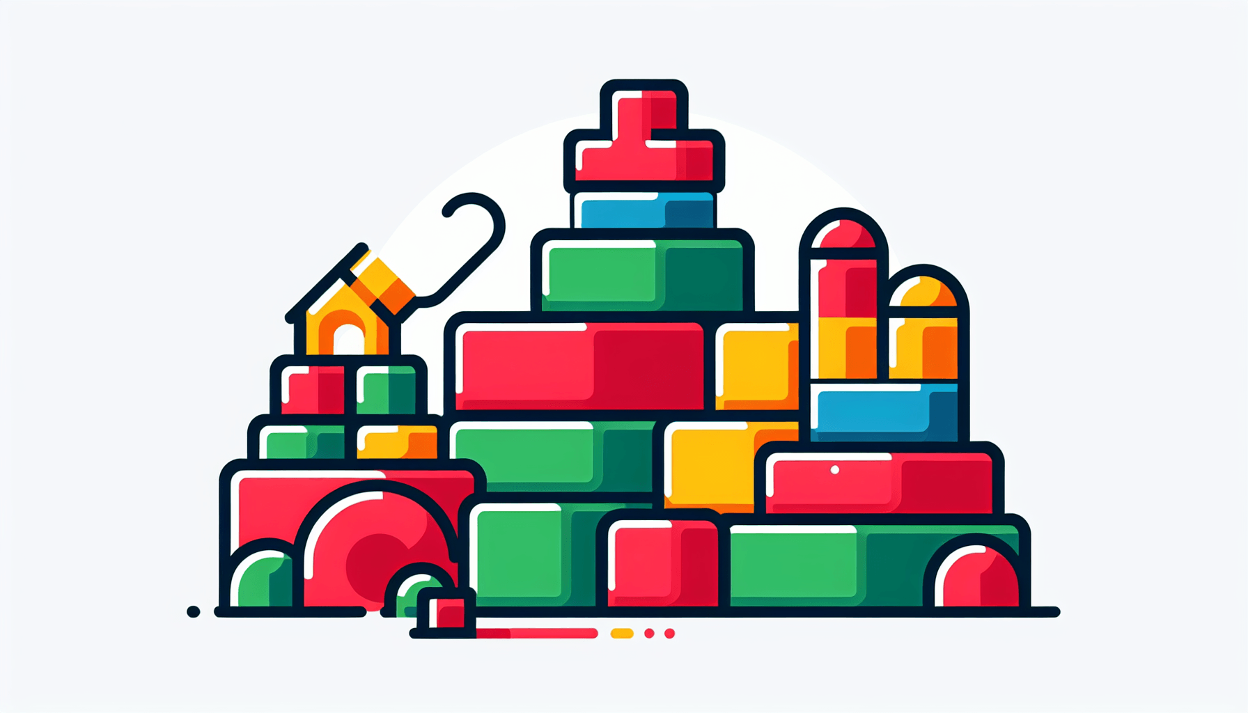 Childcare -> Building blocks in flat illustration style and white background, red #f47574, green #88c7a8, yellow #fcc44b, and blue #645bc8 colors.