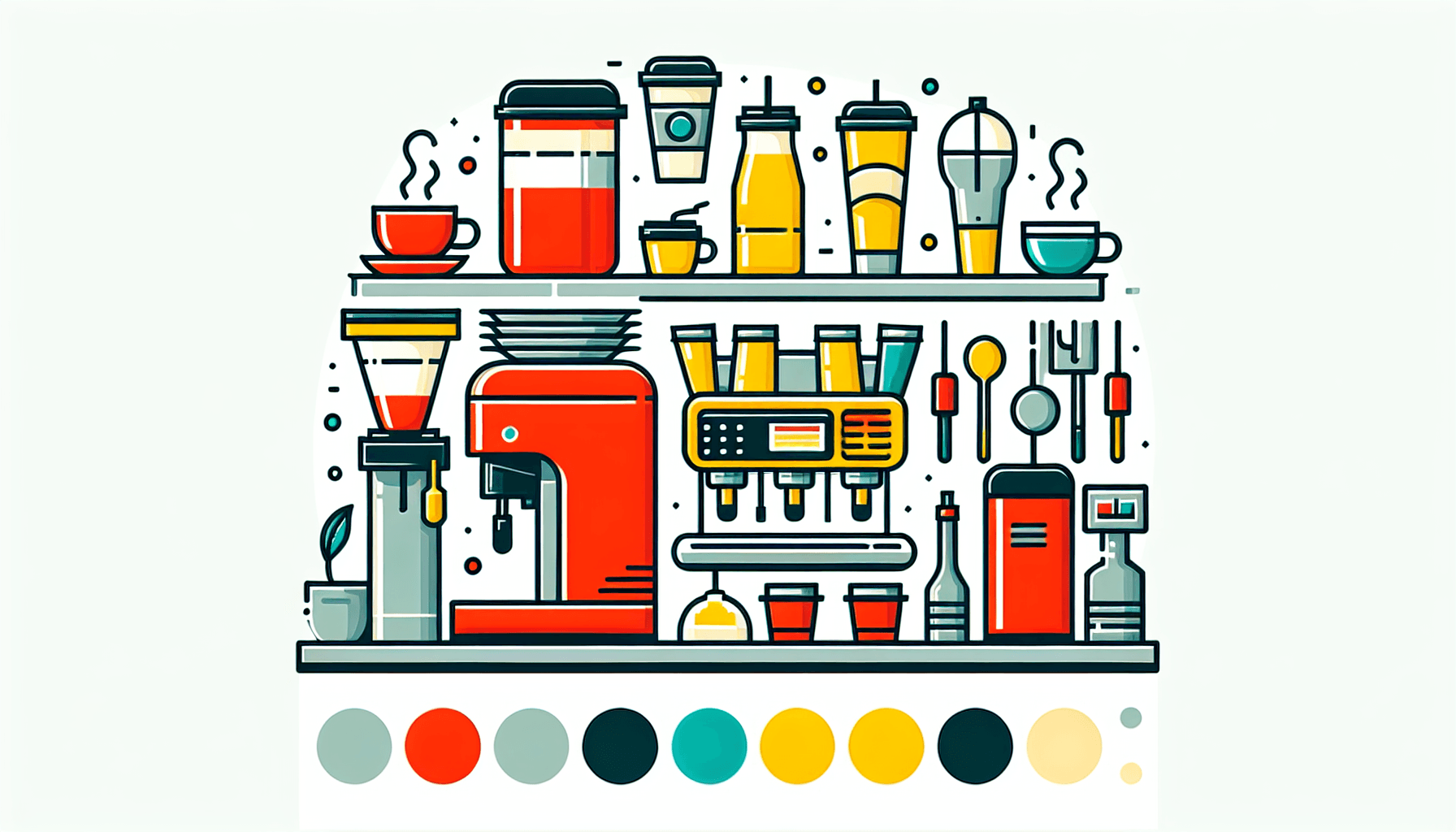 Beverage station in flat illustration style and white background, red #f47574, green #88c7a8, yellow #fcc44b, and blue #645bc8 colors.