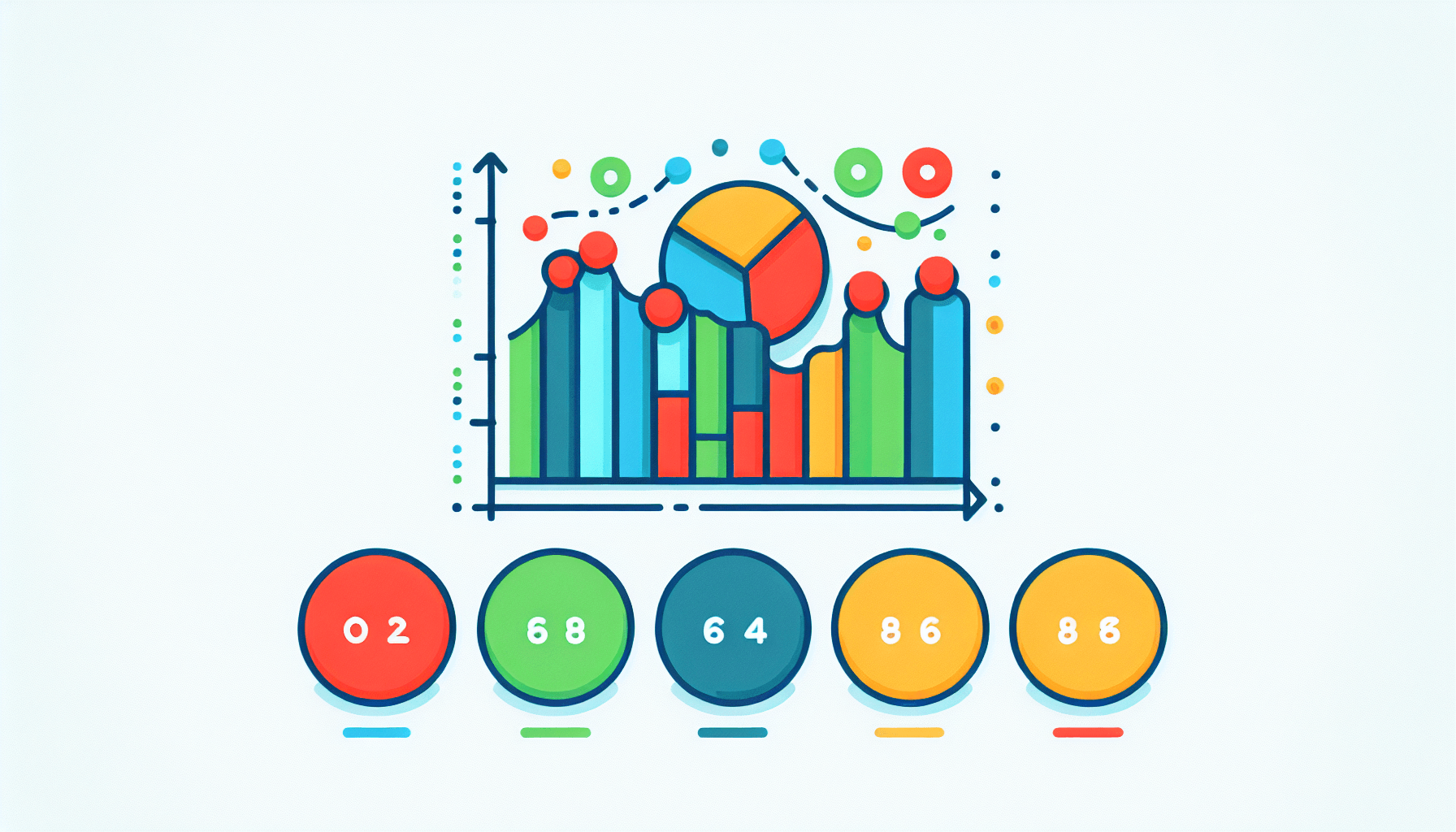 Data chart in flat illustration style and white background, red #f47574, green #88c7a8, yellow #fcc44b, and blue #645bc8 colors.