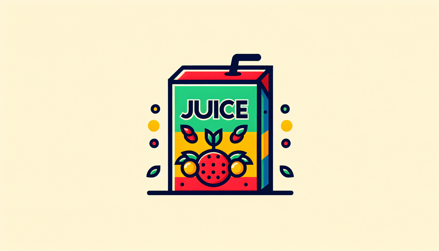 Juices -> Juice box in flat illustration style and white background, red #f47574, green #88c7a8, yellow #fcc44b, and blue #645bc8 colors.