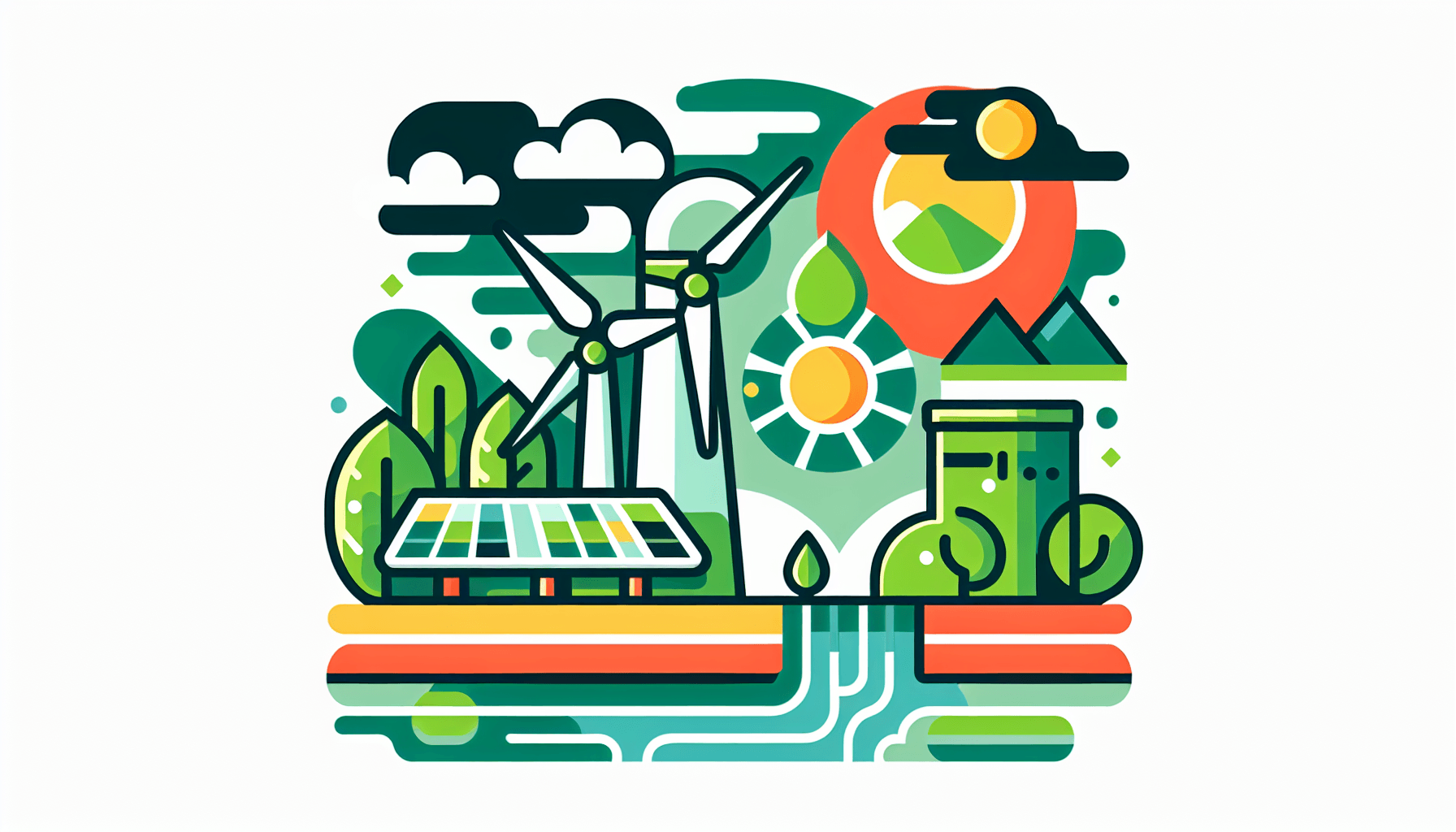Green energy source in flat illustration style and white background, red #f47574, green #88c7a8, yellow #fcc44b, and blue #645bc8 colors.