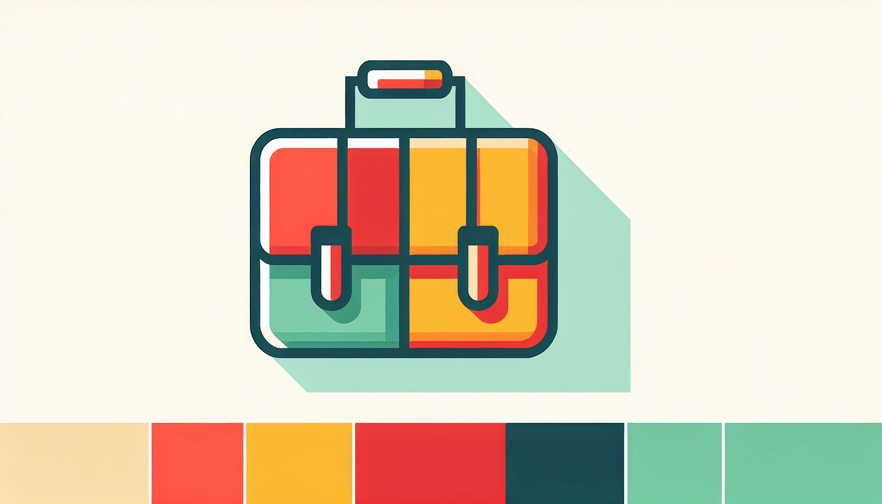 Consulting services -> Briefcase in flat illustration style and white background, red #f47574, green #88c7a8, yellow #fcc44b, and blue #645bc8 colors.