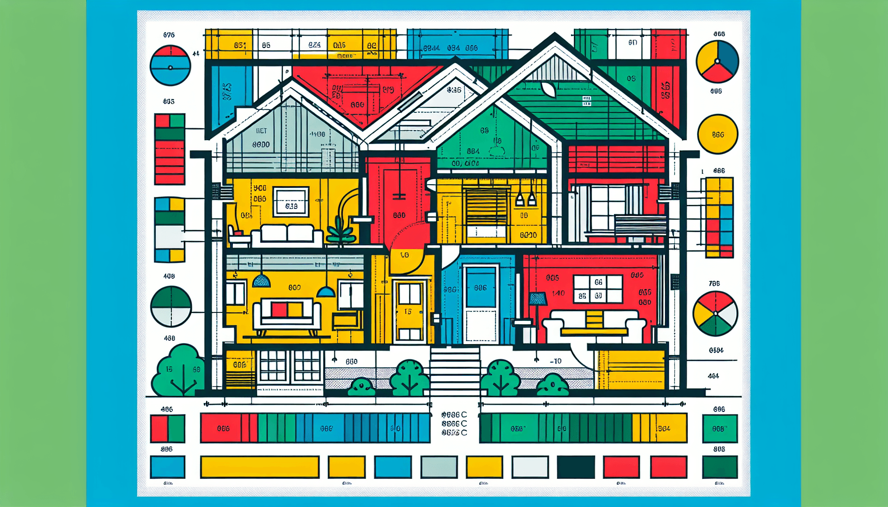 Property management -> House blueprint in flat illustration style and white background, red #f47574, green #88c7a8, yellow #fcc44b, and blue #645bc8 colors.