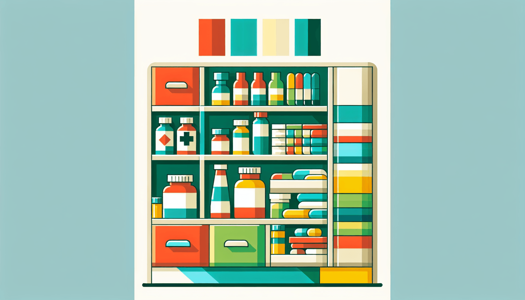 Enhancing health -> Medicine cabinet in flat illustration style and white background, red #f47574, green #88c7a8, yellow #fcc44b, and blue #645bc8 colors.