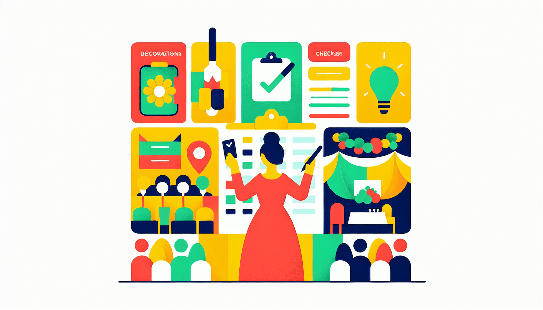 Event planner in flat illustration style and white background, red #f47574, green #88c7a8, yellow #fcc44b, and blue #645bc8 colors.