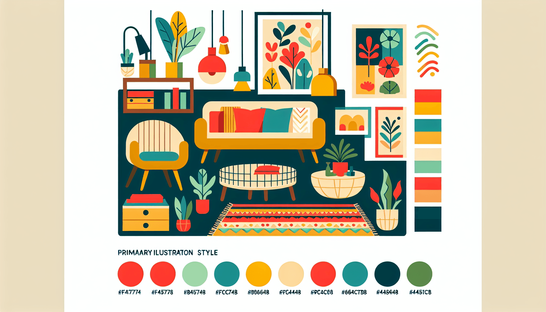 Home decor in flat illustration style and white background, red #f47574, green #88c7a8, yellow #fcc44b, and blue #645bc8 colors.