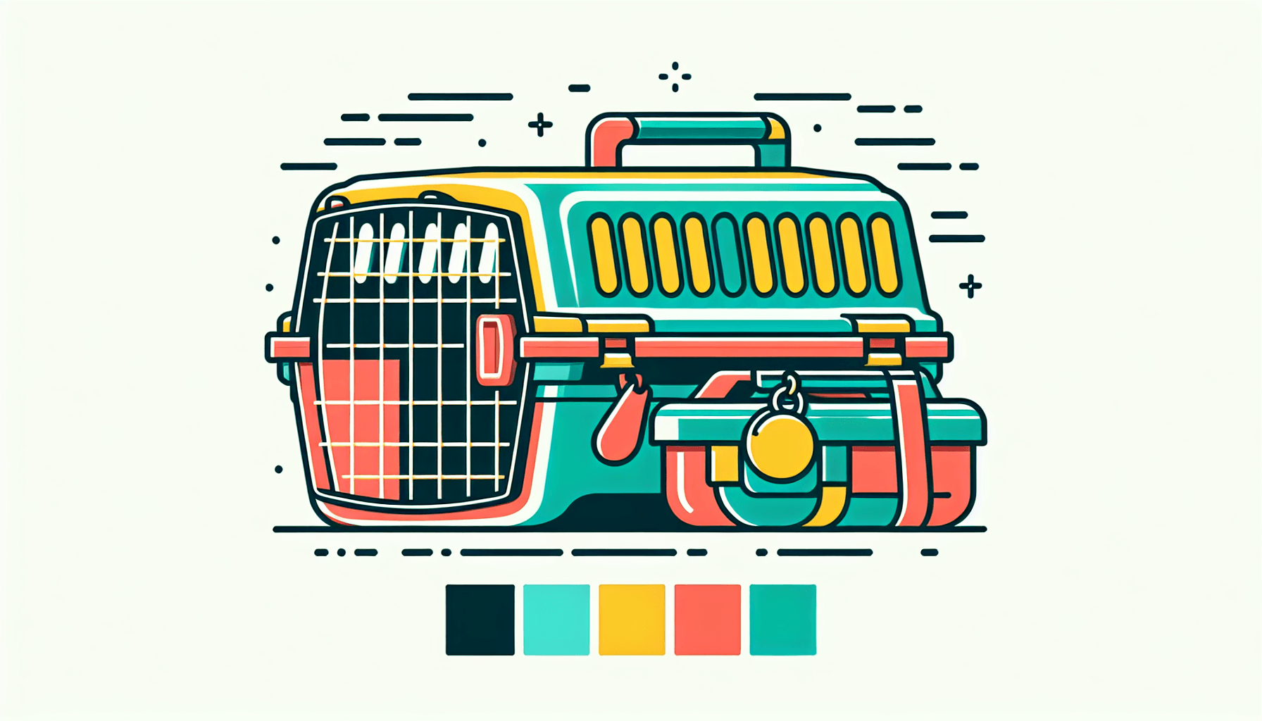 Pet carrier in flat illustration style and white background, red #f47574, green #88c7a8, yellow #fcc44b, and blue #645bc8 colors.
