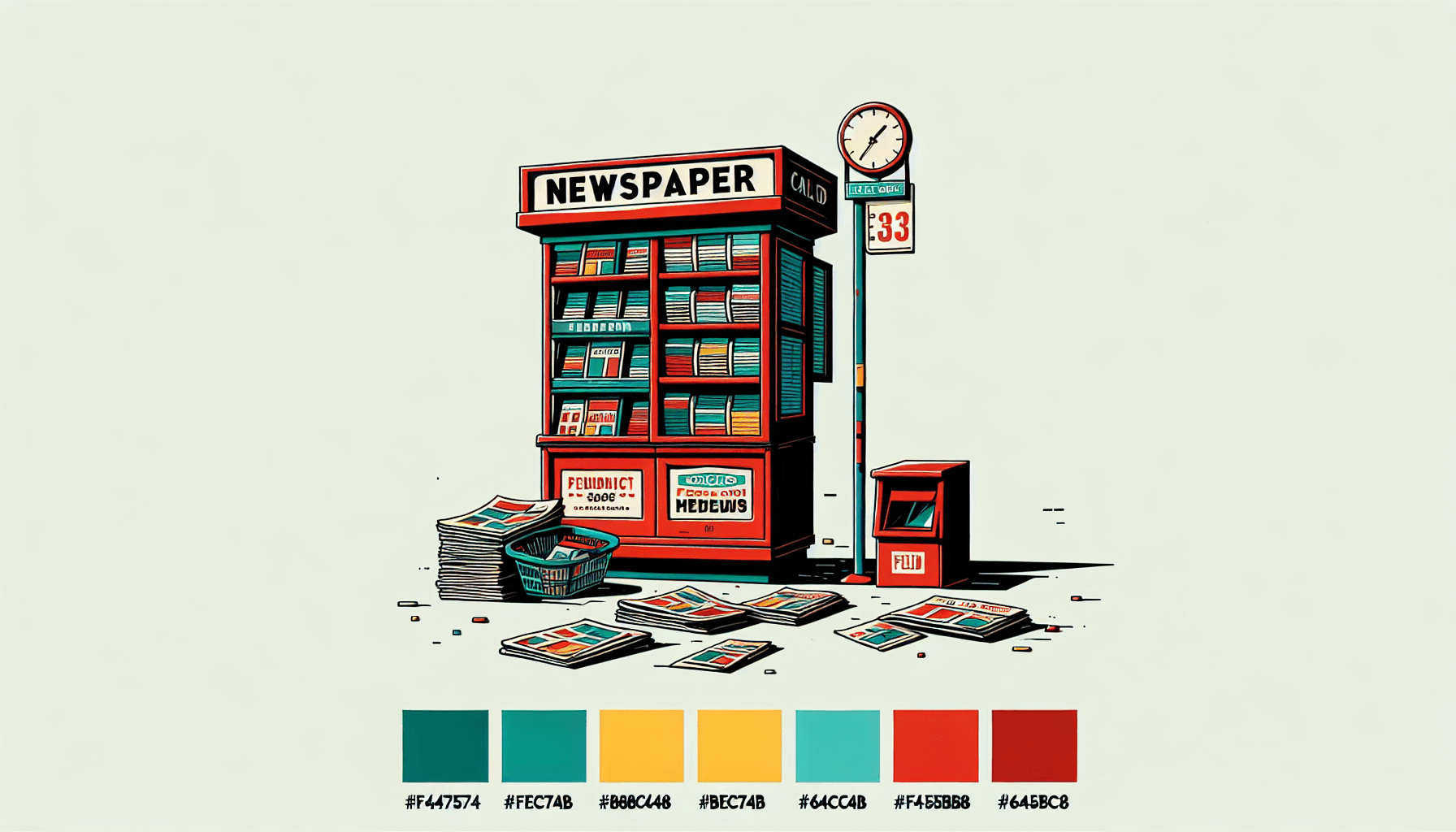 News media -> Newspaper stand in flat illustration style and white background, red #f47574, green #88c7a8, yellow #fcc44b, and blue #645bc8 colors.