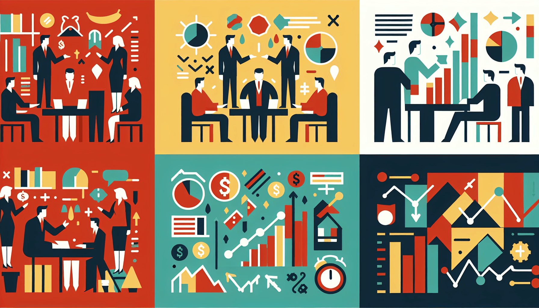 Brokerage -> Scale in flat illustration style and white background, red #f47574, green #88c7a8, yellow #fcc44b, and blue #645bc8 colors.