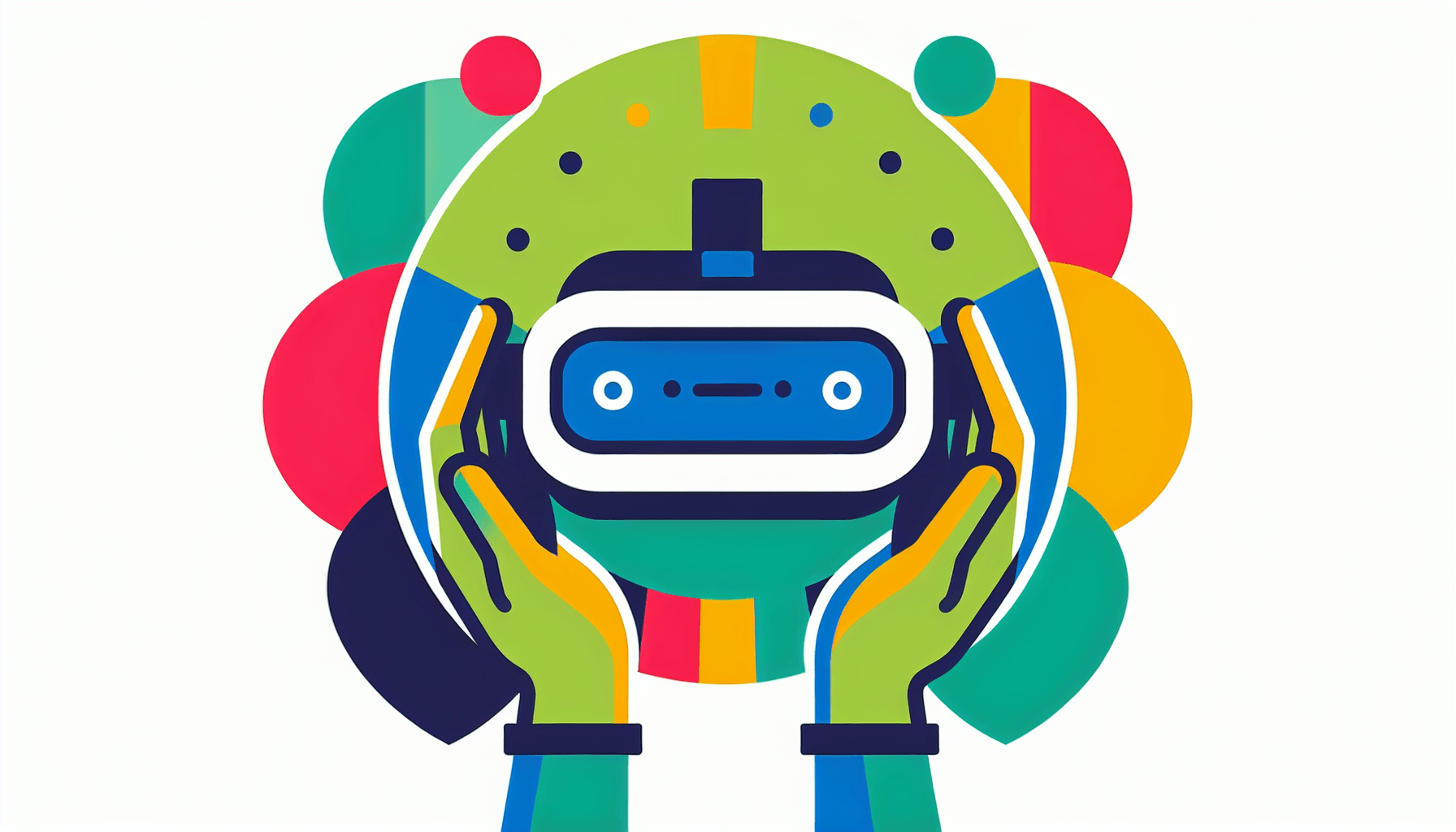 Virtual headset in flat illustration style and white background, red #f47574, green #88c7a8, yellow #fcc44b, and blue #645bc8 colors.