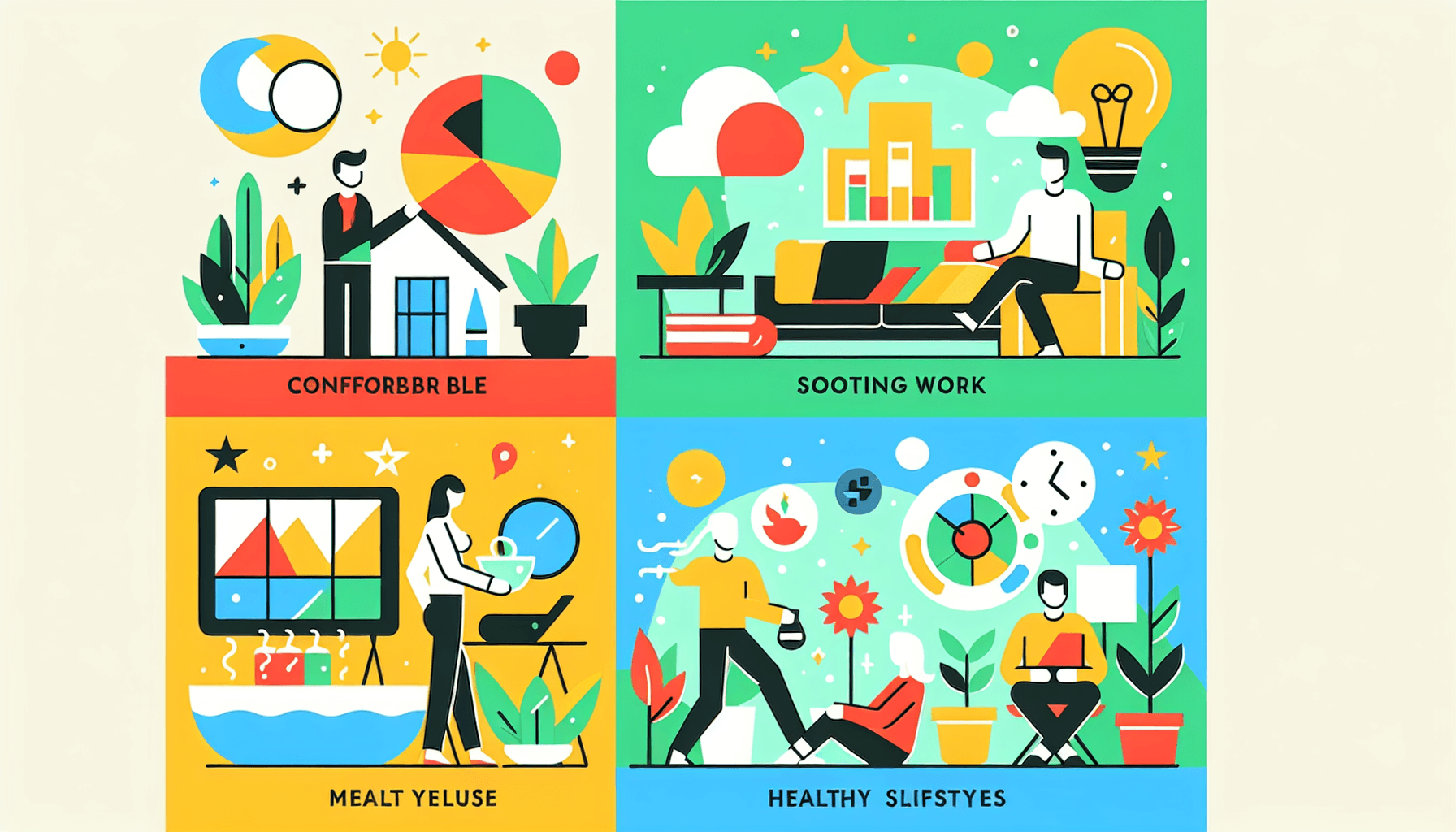 Startup wellness in flat illustration style and white background, red #f47574, green #88c7a8, yellow #fcc44b, and blue #645bc8 colors.