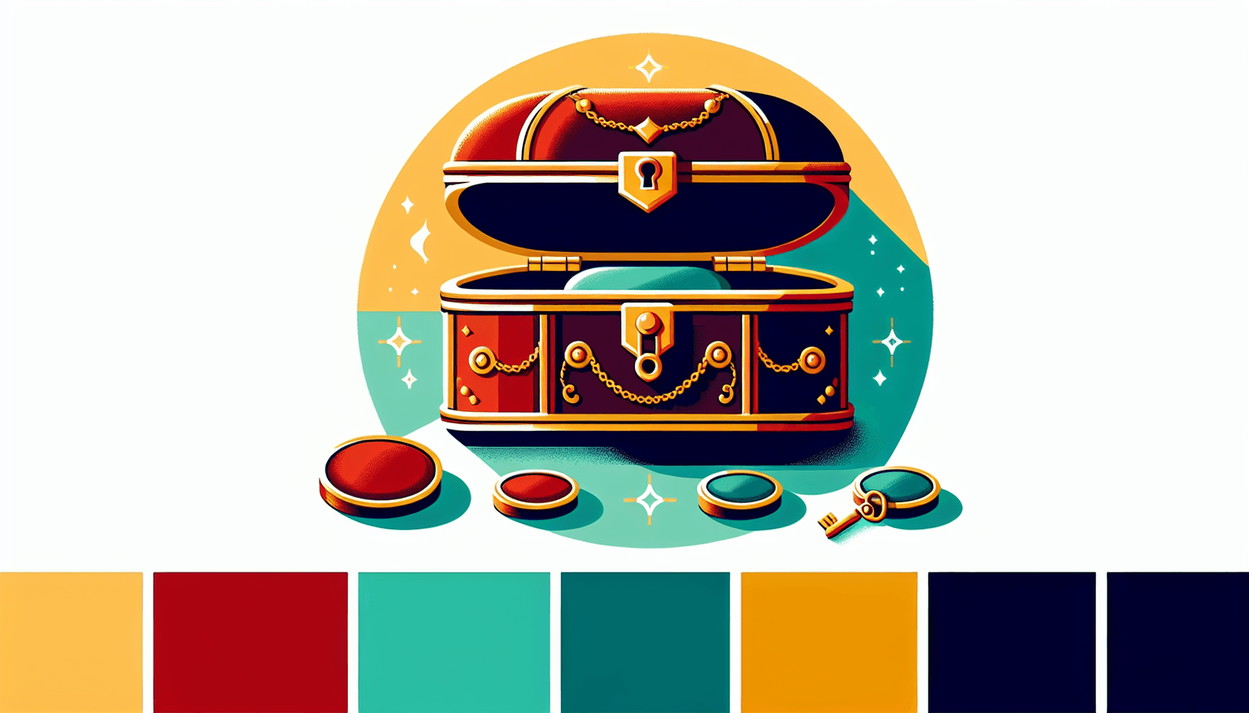 Luxury goods -> Jewelry box in flat illustration style and white background, red #f47574, green #88c7a8, yellow #fcc44b, and blue #645bc8 colors.