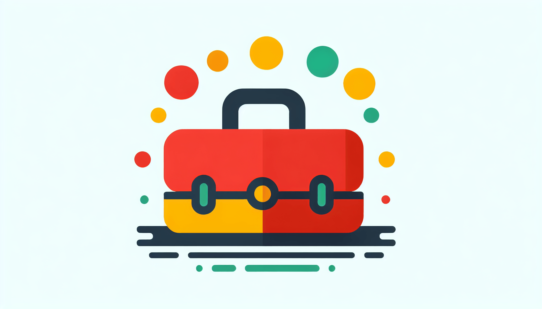 HR -> Briefcase in flat illustration style and white background, red #f47574, green #88c7a8, yellow #fcc44b, and blue #645bc8 colors.