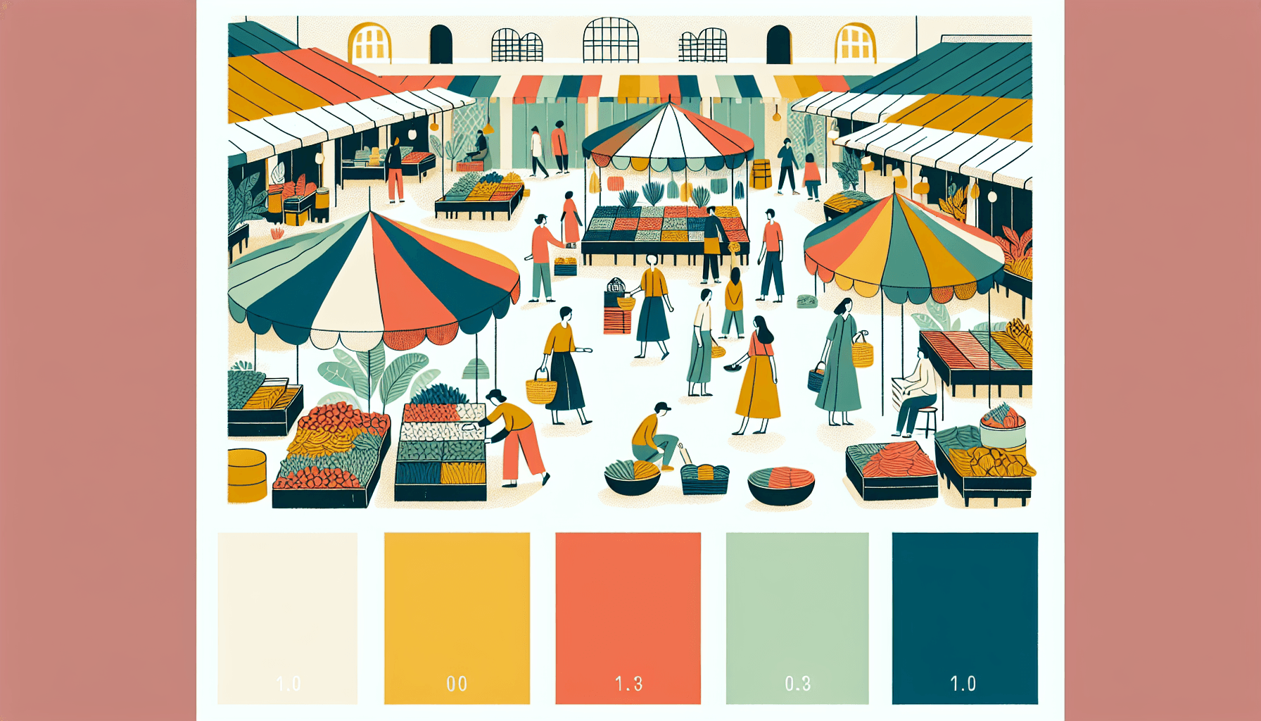 Trading -> Marketplace in flat illustration style and white background, red #f47574, green #88c7a8, yellow #fcc44b, and blue #645bc8 colors.