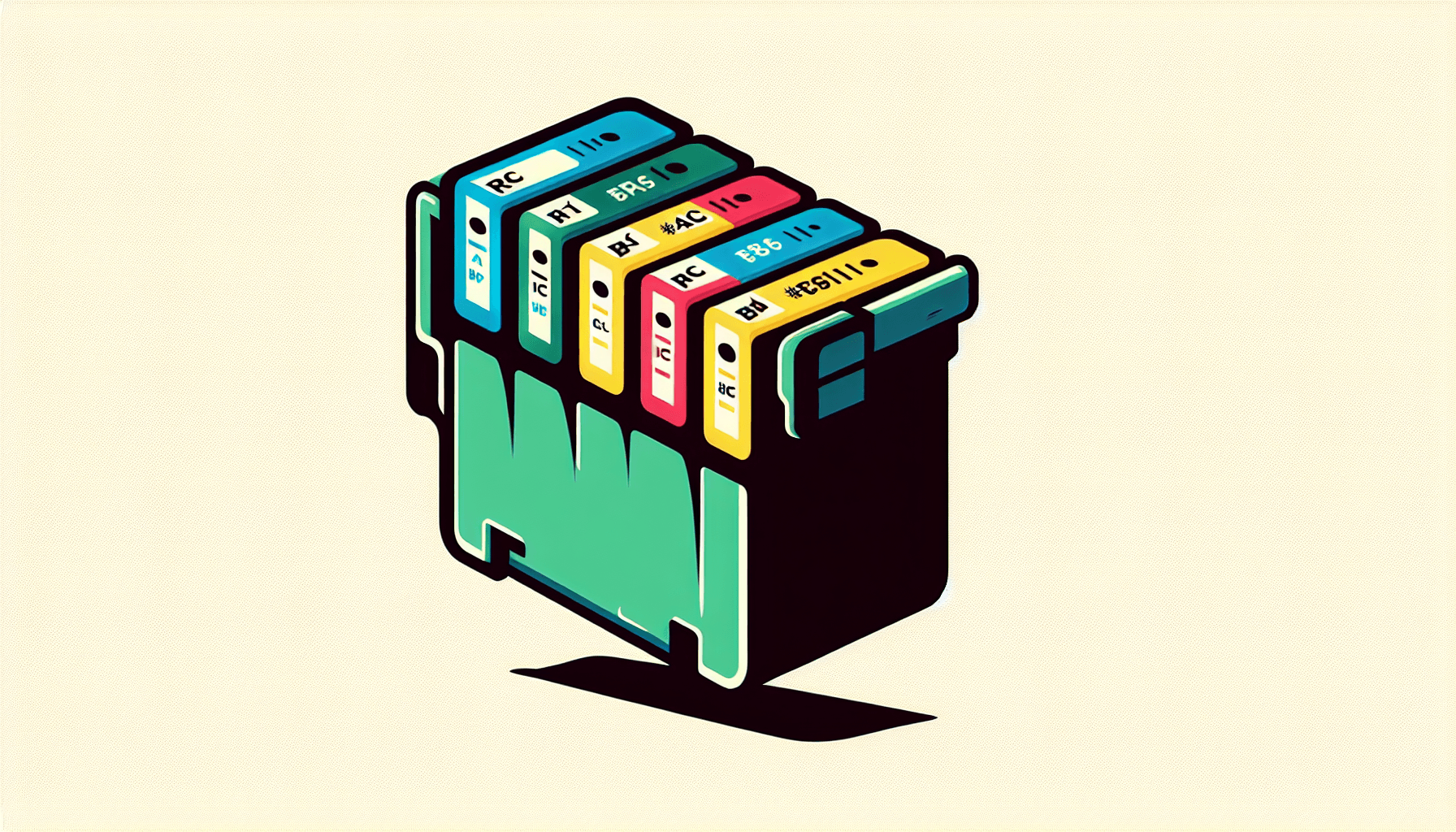 Printing services -> Ink cartridge in flat illustration style and white background, red #f47574, green #88c7a8, yellow #fcc44b, and blue #645bc8 colors.