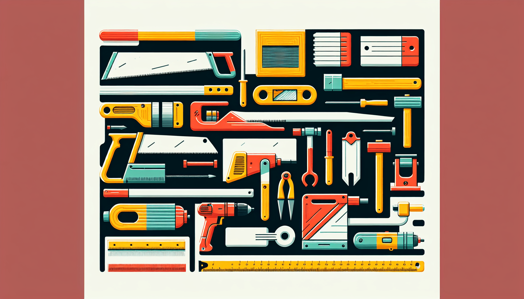 Woodshop tools in flat illustration style and white background, red #f47574, green #88c7a8, yellow #fcc44b, and blue #645bc8 colors.
