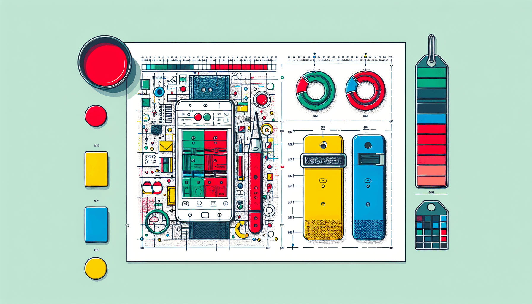 Product design -> Blueprint in flat illustration style and white background, red #f47574, green #88c7a8, yellow #fcc44b, and blue #645bc8 colors.