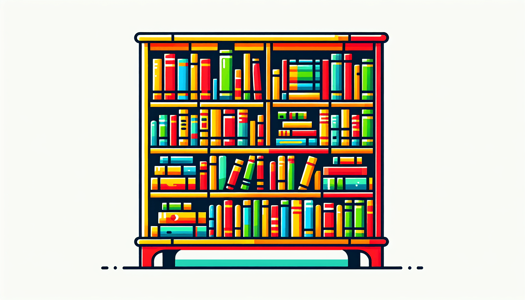 Learning platforms -> Bookshelf in flat illustration style and white background, red #f47574, green #88c7a8, yellow #fcc44b, and blue #645bc8 colors.