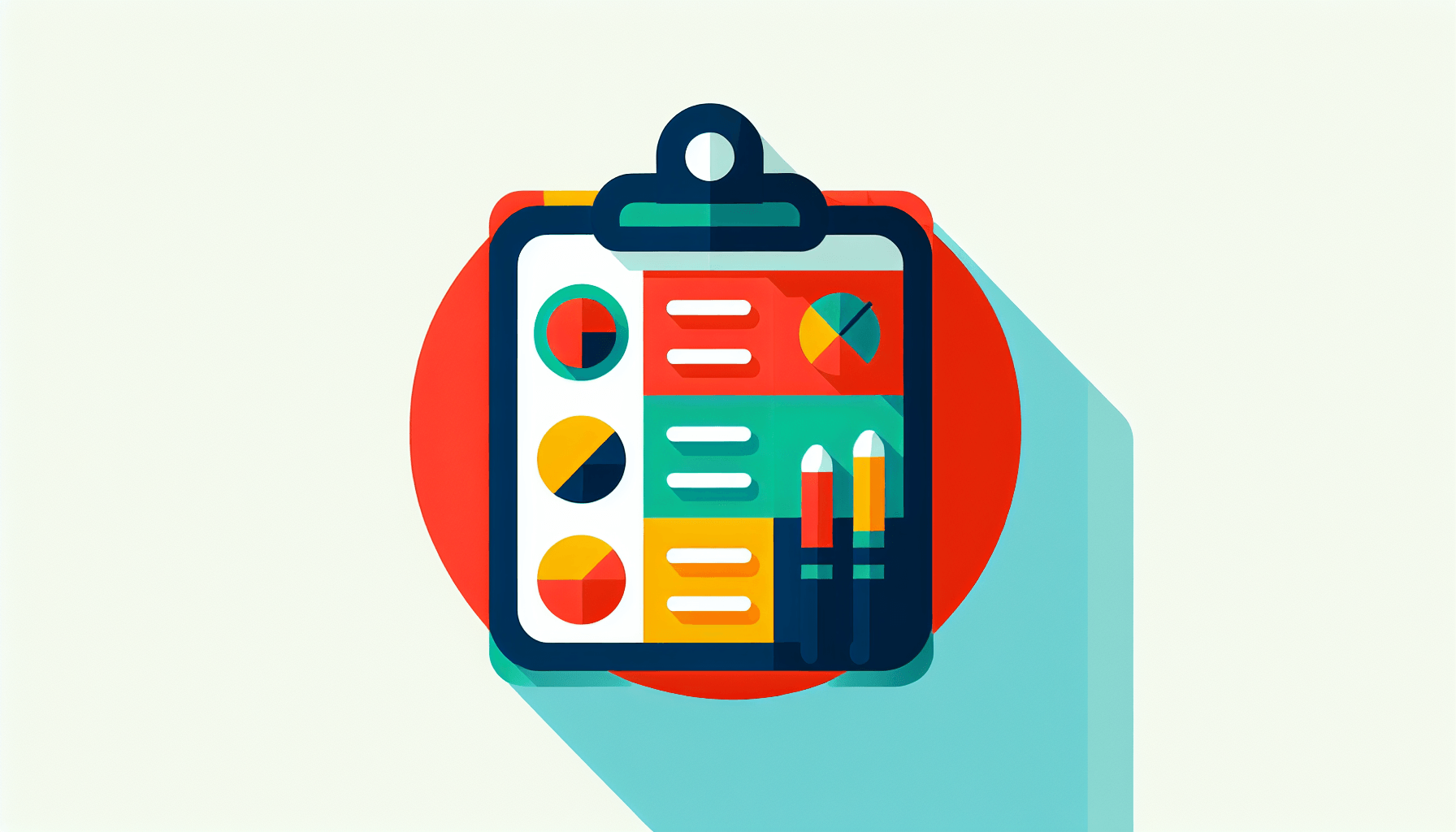 Project management -> Clipboard in flat illustration style and white background, red #f47574, green #88c7a8, yellow #fcc44b, and blue #645bc8 colors.