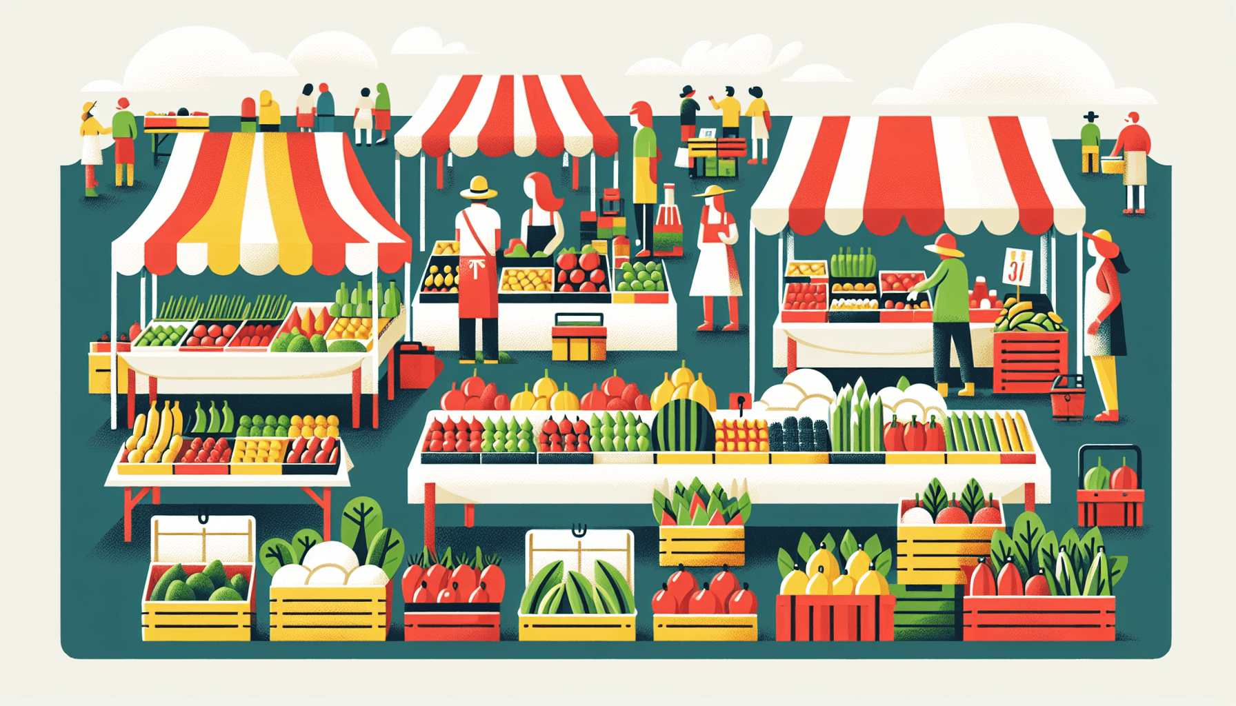 Local markets -> Farmers' market in flat illustration style and white background, red #f47574, green #88c7a8, yellow #fcc44b, and blue #645bc8 colors.