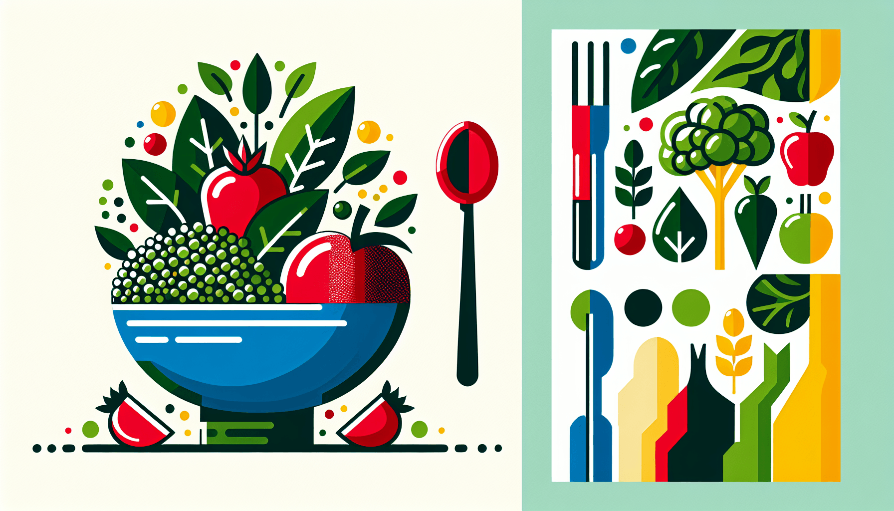 Plant-based plate in flat illustration style and white background, red #f47574, green #88c7a8, yellow #fcc44b, and blue #645bc8 colors.