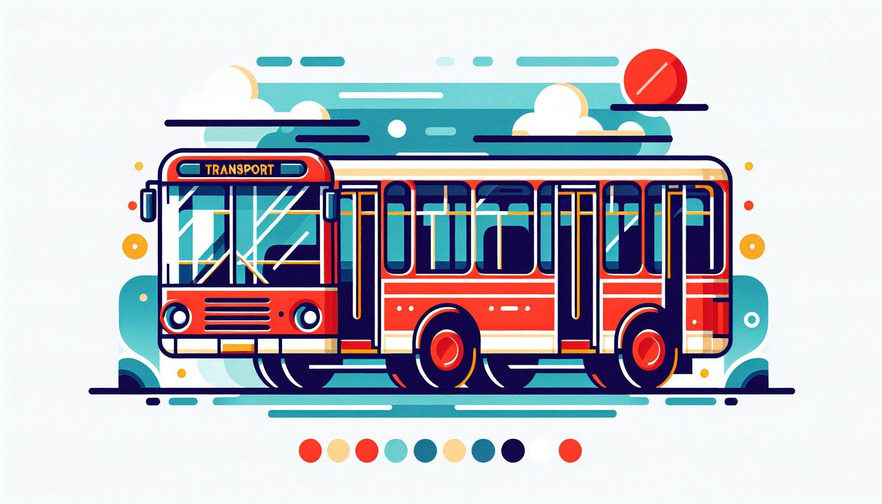 Transportation -> Bus in flat illustration style and white background, red #f47574, green #88c7a8, yellow #fcc44b, and blue #645bc8 colors.