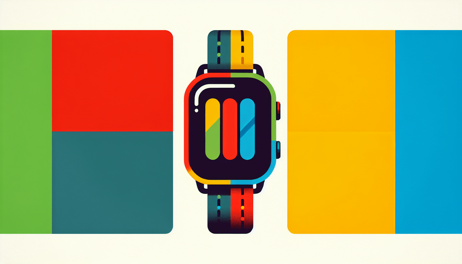 Smartwatch in flat illustration style and white background, red #f47574, green #88c7a8, yellow #fcc44b, and blue #645bc8 colors.