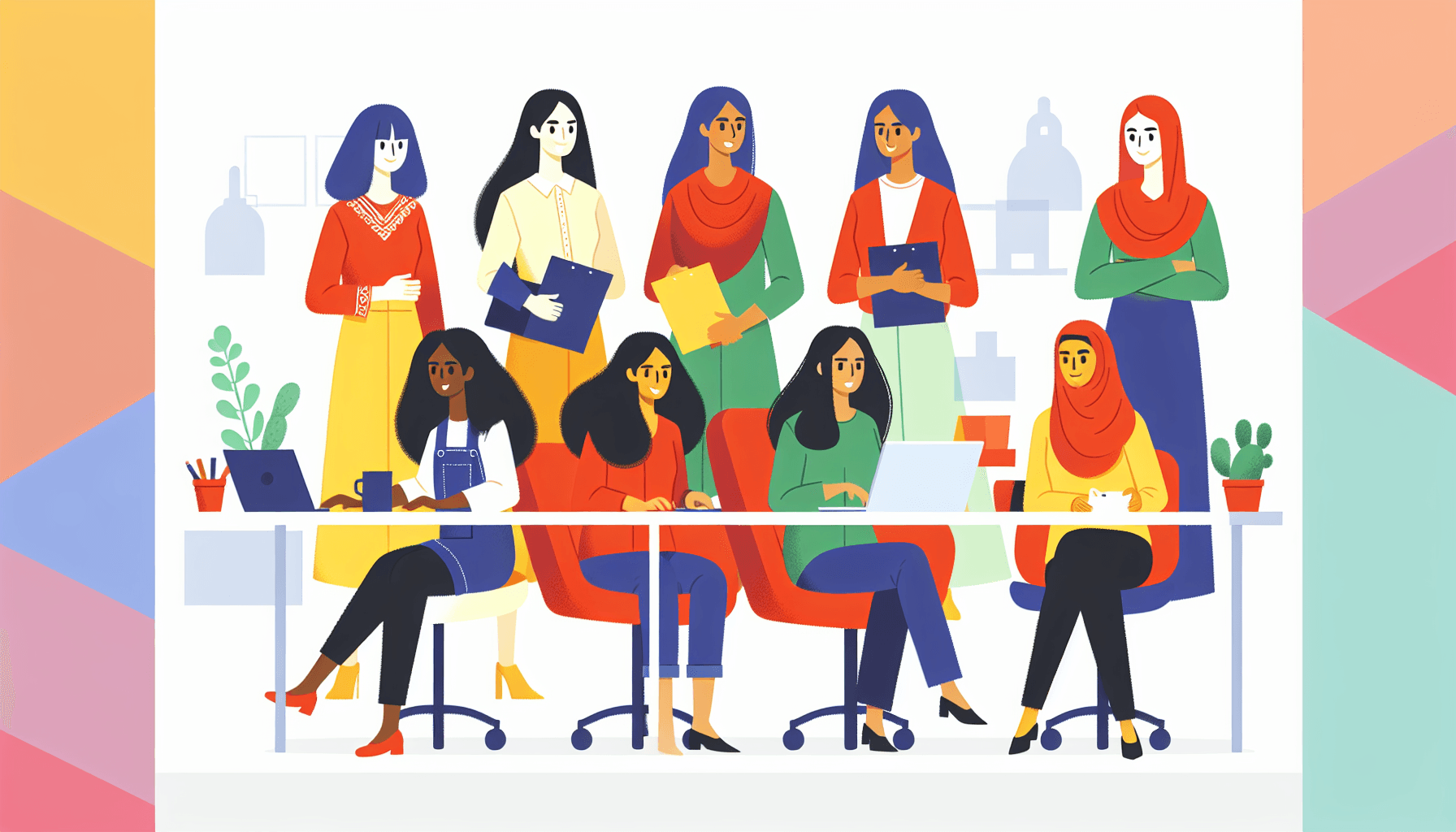 Startup women in flat illustration style and white background, red #f47574, green #88c7a8, yellow #fcc44b, and blue #645bc8 colors.