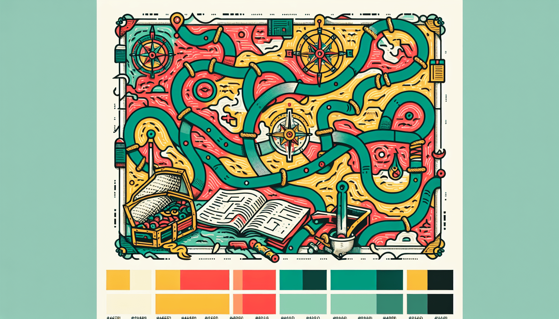 Quest for innovation -> Treasure map in flat illustration style and white background, red #f47574, green #88c7a8, yellow #fcc44b, and blue #645bc8 colors.