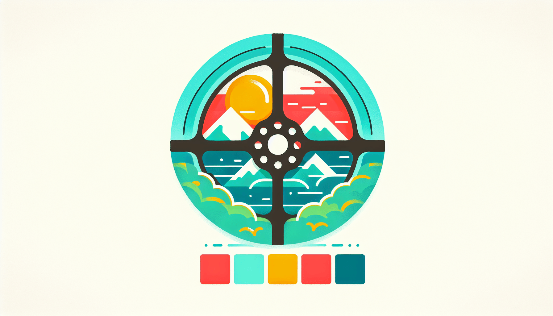 Multimedia -> Film reel in flat illustration style and white background, red #f47574, green #88c7a8, yellow #fcc44b, and blue #645bc8 colors.