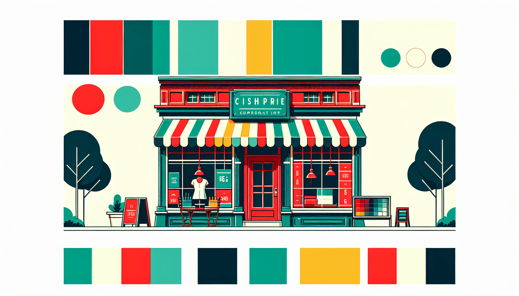 Retail -> Storefront in flat illustration style and white background, red #f47574, green #88c7a8, yellow #fcc44b, and blue #645bc8 colors.