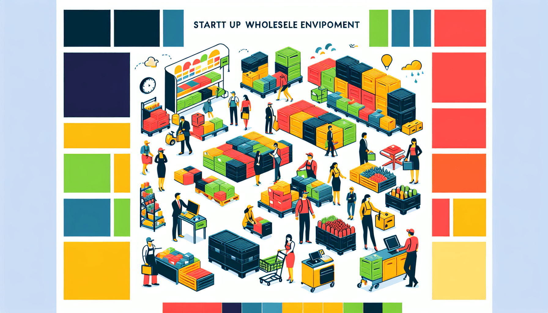 Startup wholesale in flat illustration style and white background, red #f47574, green #88c7a8, yellow #fcc44b, and blue #645bc8 colors.