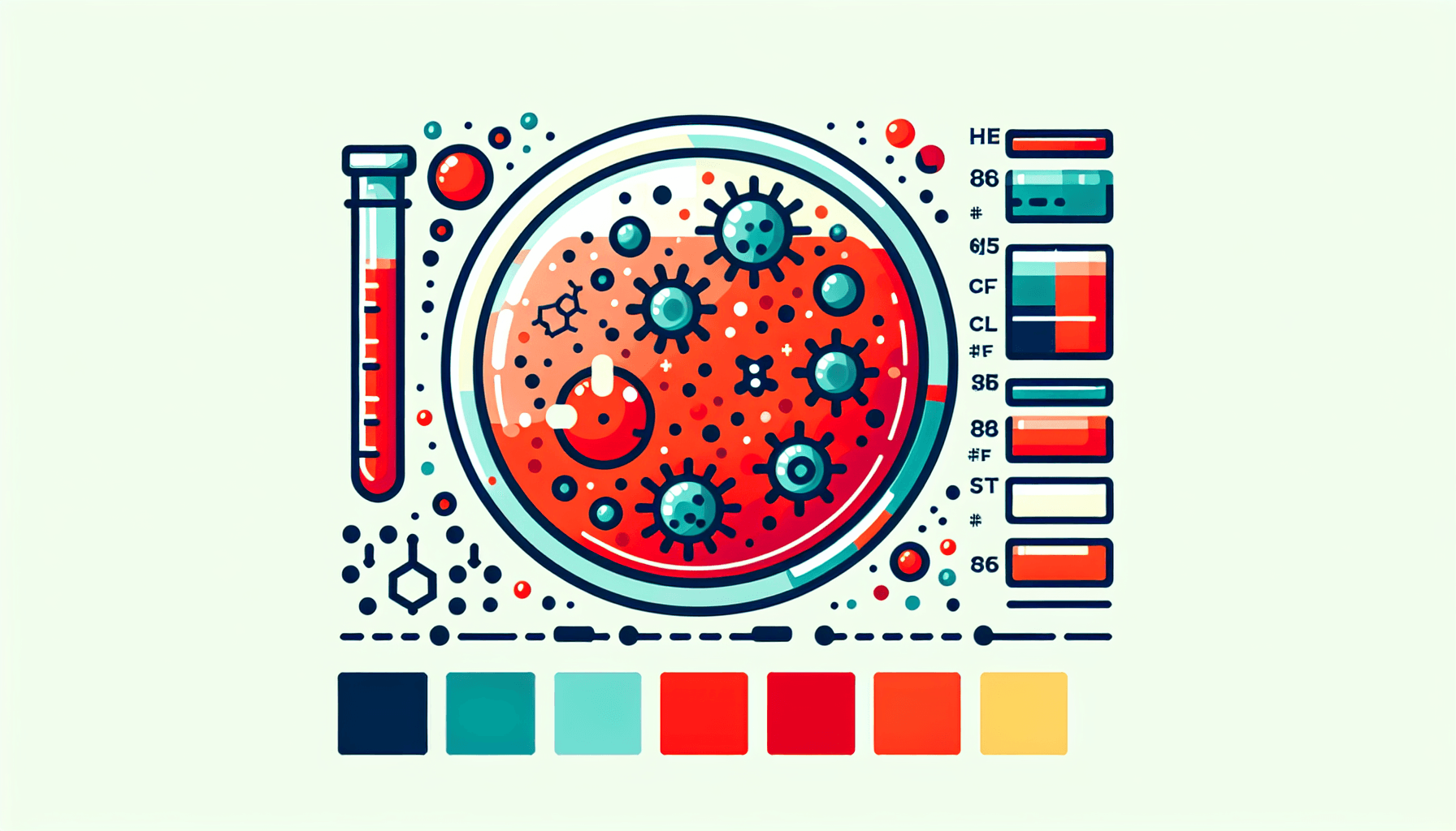 Biotech -> Petri dish in flat illustration style and white background, red #f47574, green #88c7a8, yellow #fcc44b, and blue #645bc8 colors.