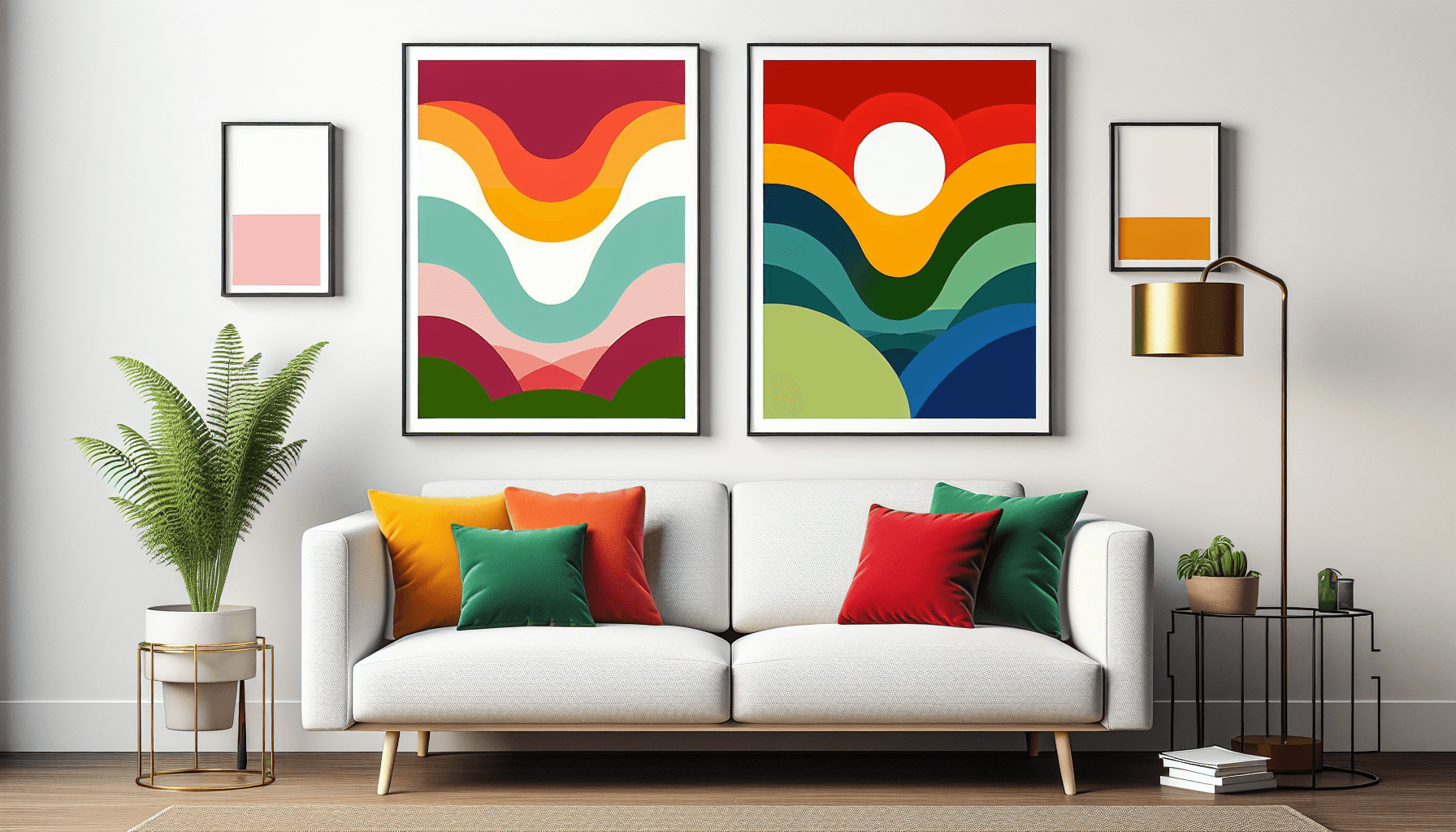 Decor -> Wall art in flat illustration style and white background, red #f47574, green #88c7a8, yellow #fcc44b, and blue #645bc8 colors.