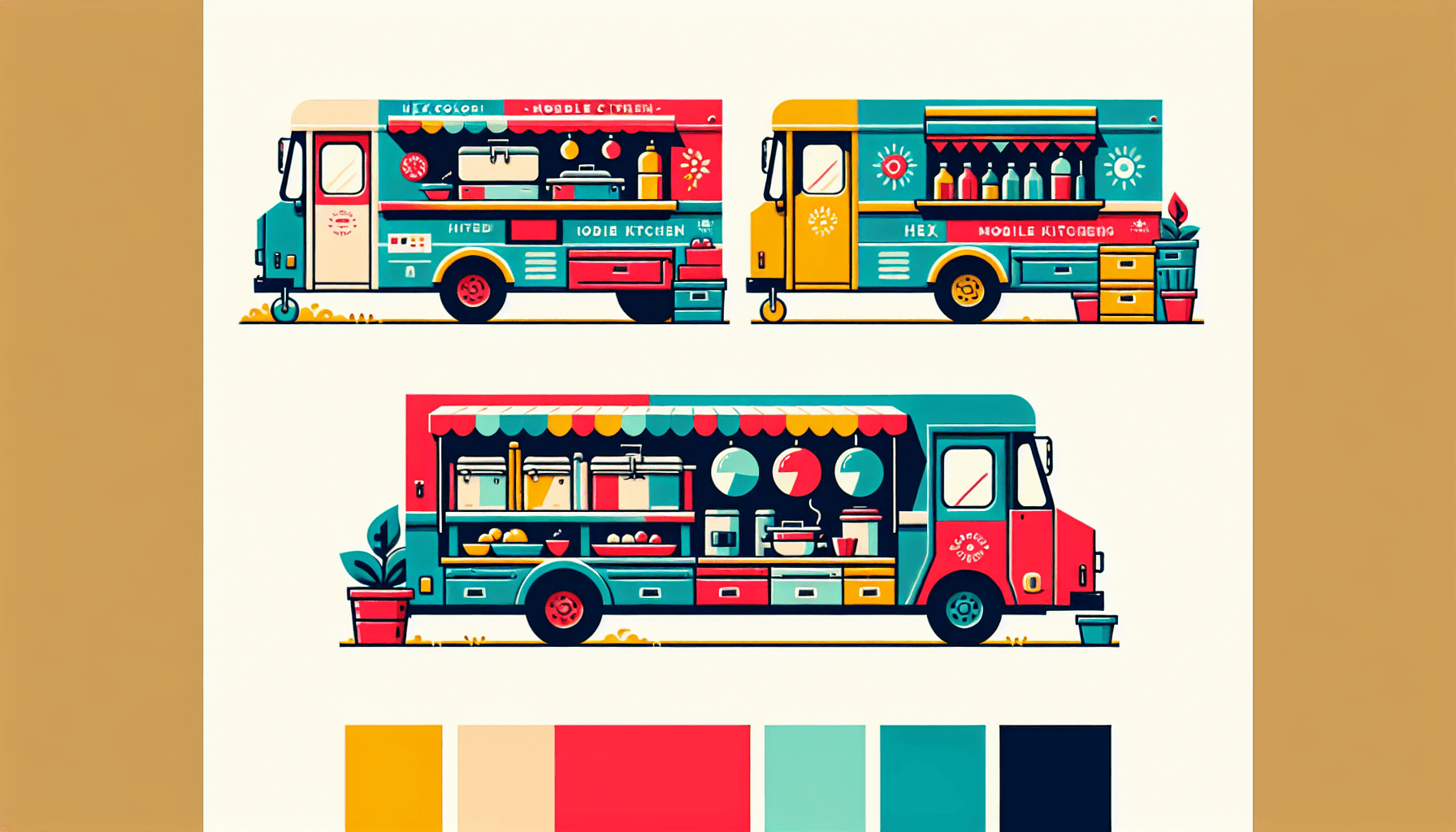 Mobile kitchens in flat illustration style and white background, red #f47574, green #88c7a8, yellow #fcc44b, and blue #645bc8 colors.