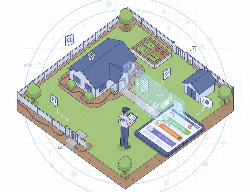 An isometric 3D illustration of a service technician using a digital tablet to map a residential property. Glowing blue lines and data markers connect the digital interface to the physical features of the property.