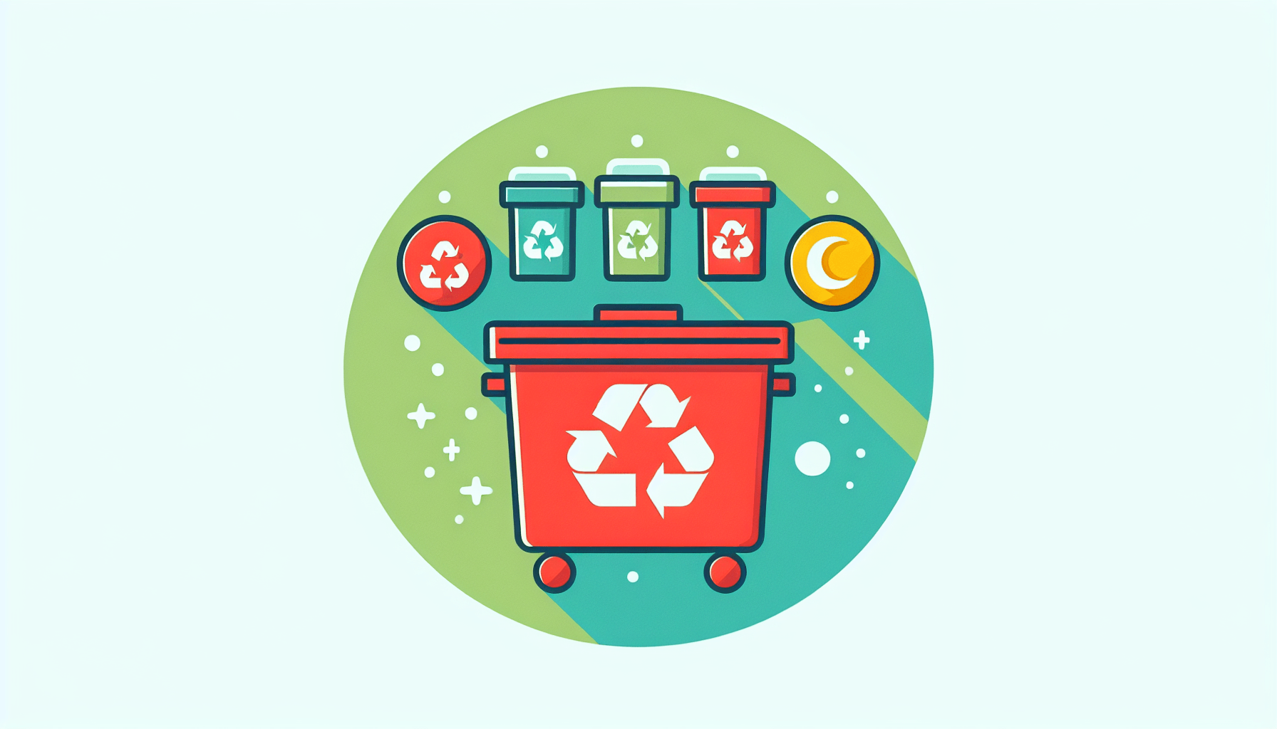 Recycling bin in flat illustration style and white background, red #f47574, green #88c7a8, yellow #fcc44b, and blue #645bc8 colors.