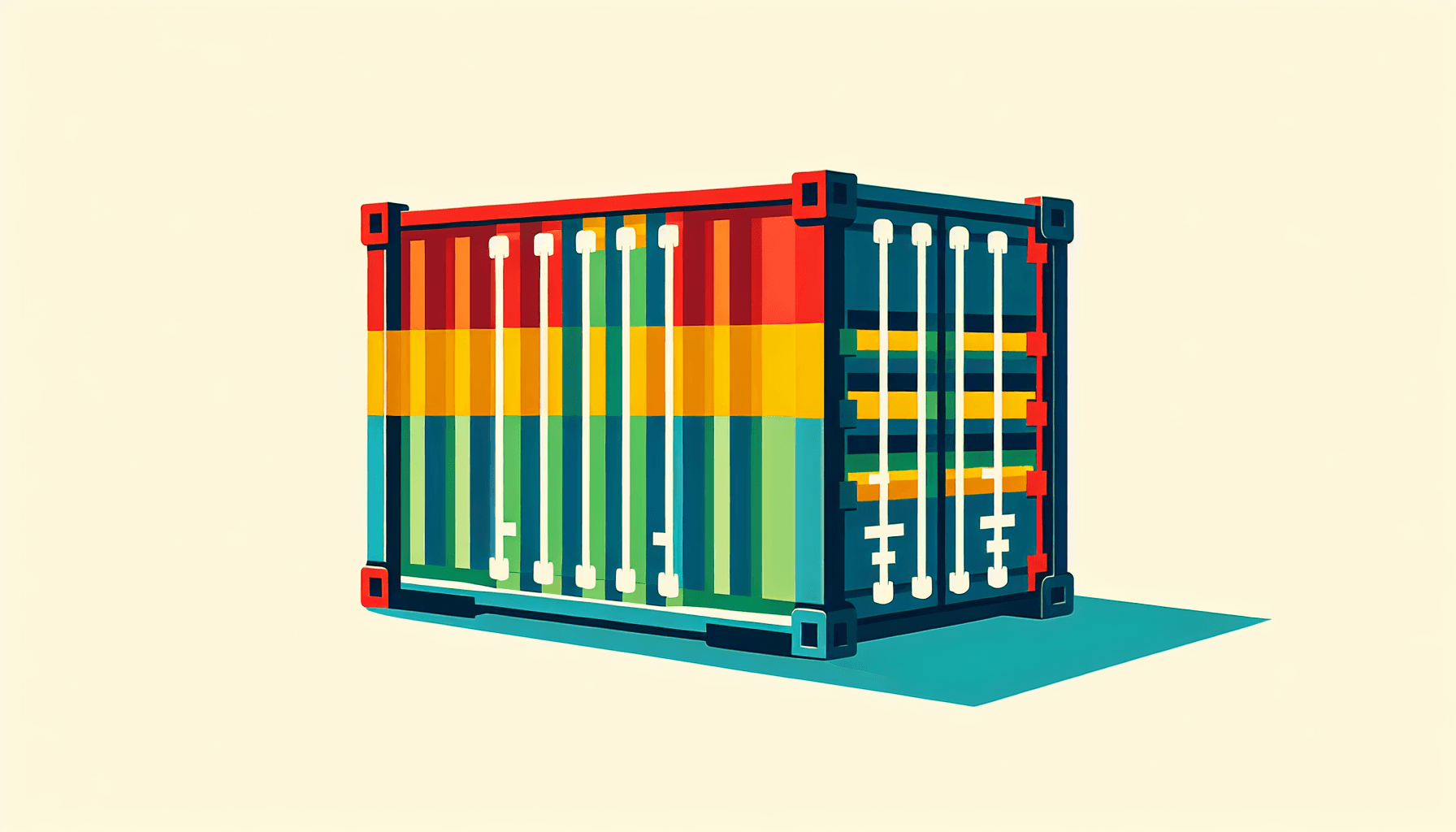 Logistics -> Shipping container in flat illustration style and white background, red #f47574, green #88c7a8, yellow #fcc44b, and blue #645bc8 colors.