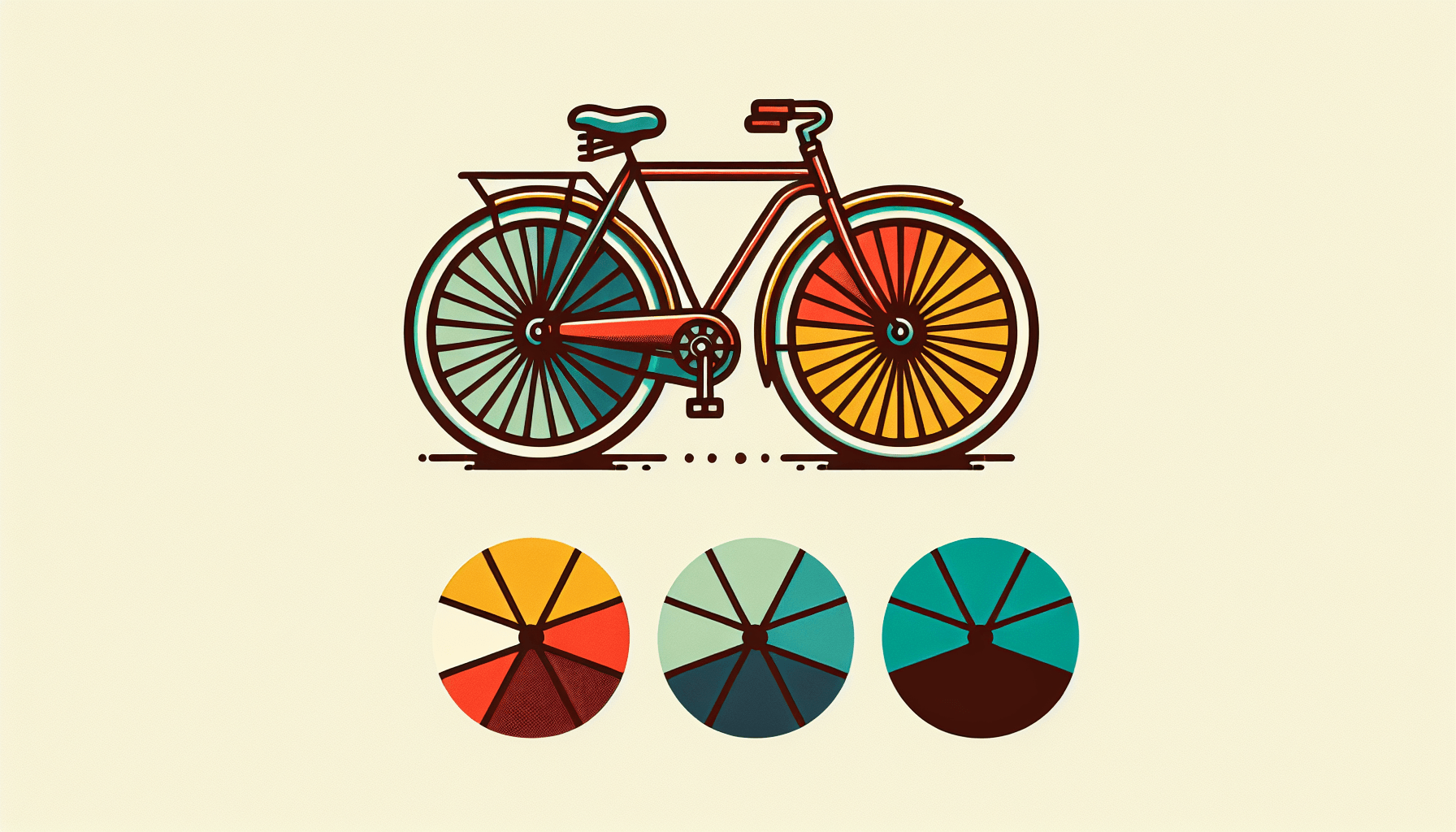 Bicycles -> Two wheels in flat illustration style and white background, red #f47574, green #88c7a8, yellow #fcc44b, and blue #645bc8 colors.