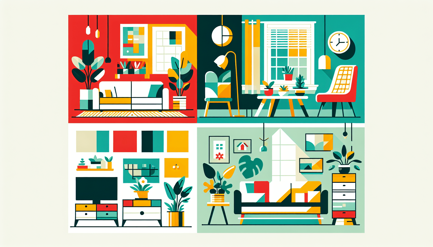 Home aesthetics in flat illustration style and white background, red #f47574, green #88c7a8, yellow #fcc44b, and blue #645bc8 colors.