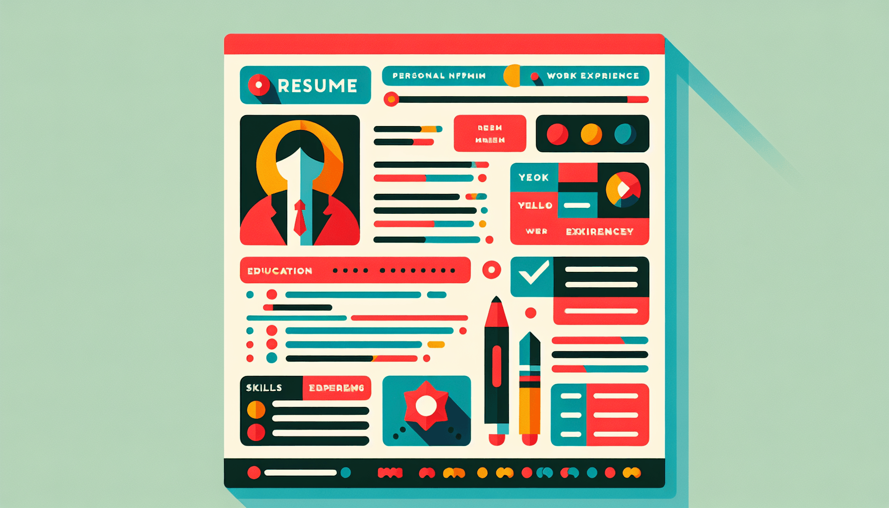 Recruitment -> Resume in flat illustration style and white background, red #f47574, green #88c7a8, yellow #fcc44b, and blue #645bc8 colors.