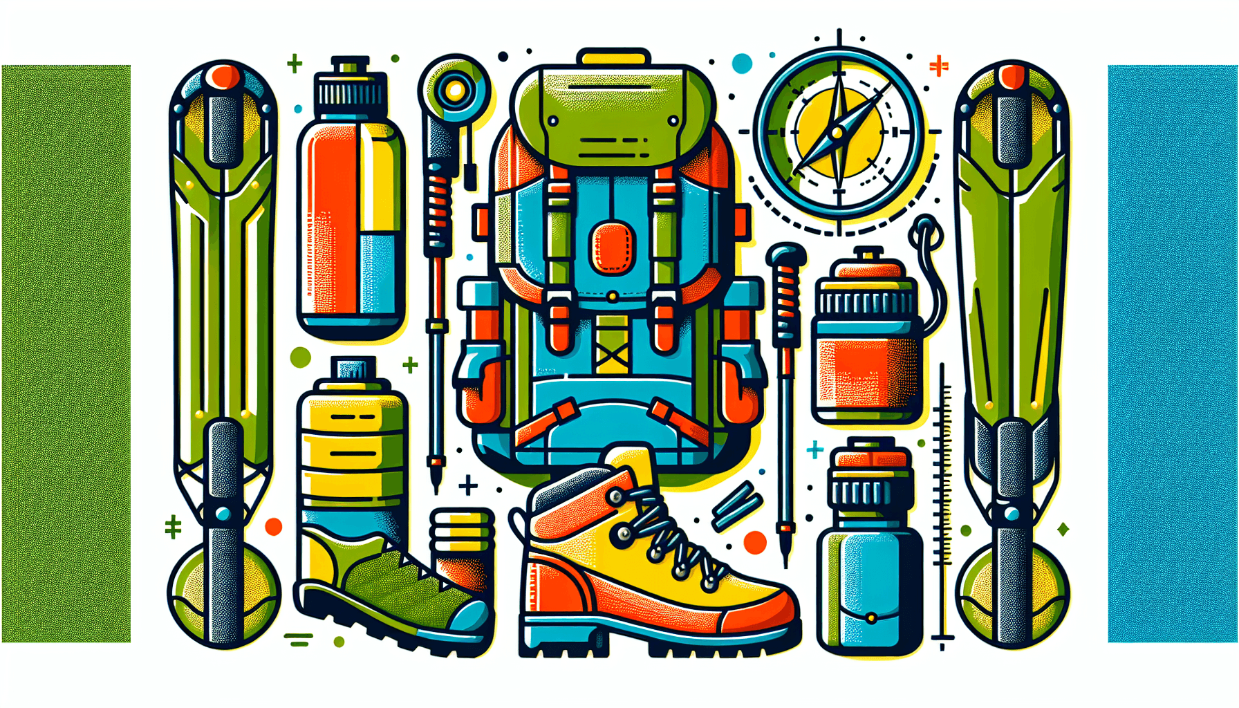 Hiking gear in flat illustration style and white background, red #f47574, green #88c7a8, yellow #fcc44b, and blue #645bc8 colors.