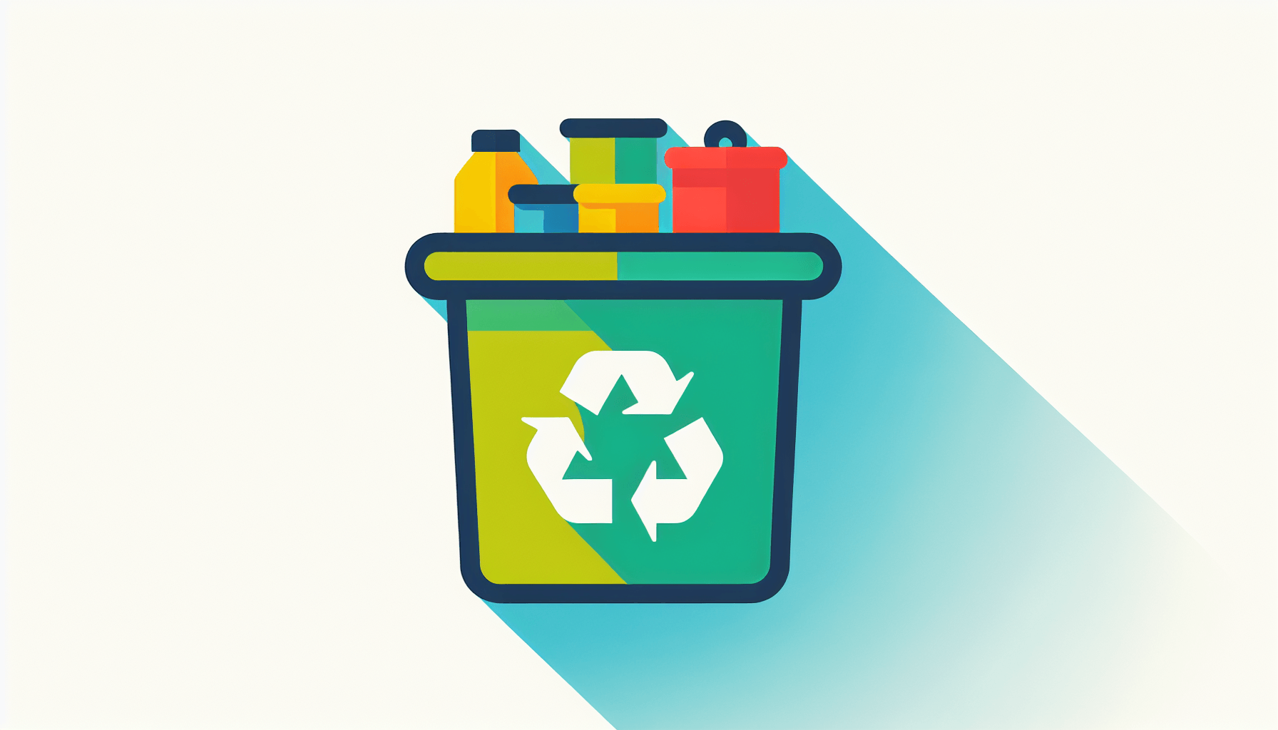 Recycling bin in flat illustration style and white background, red #f47574, green #88c7a8, yellow #fcc44b, and blue #645bc8 colors.