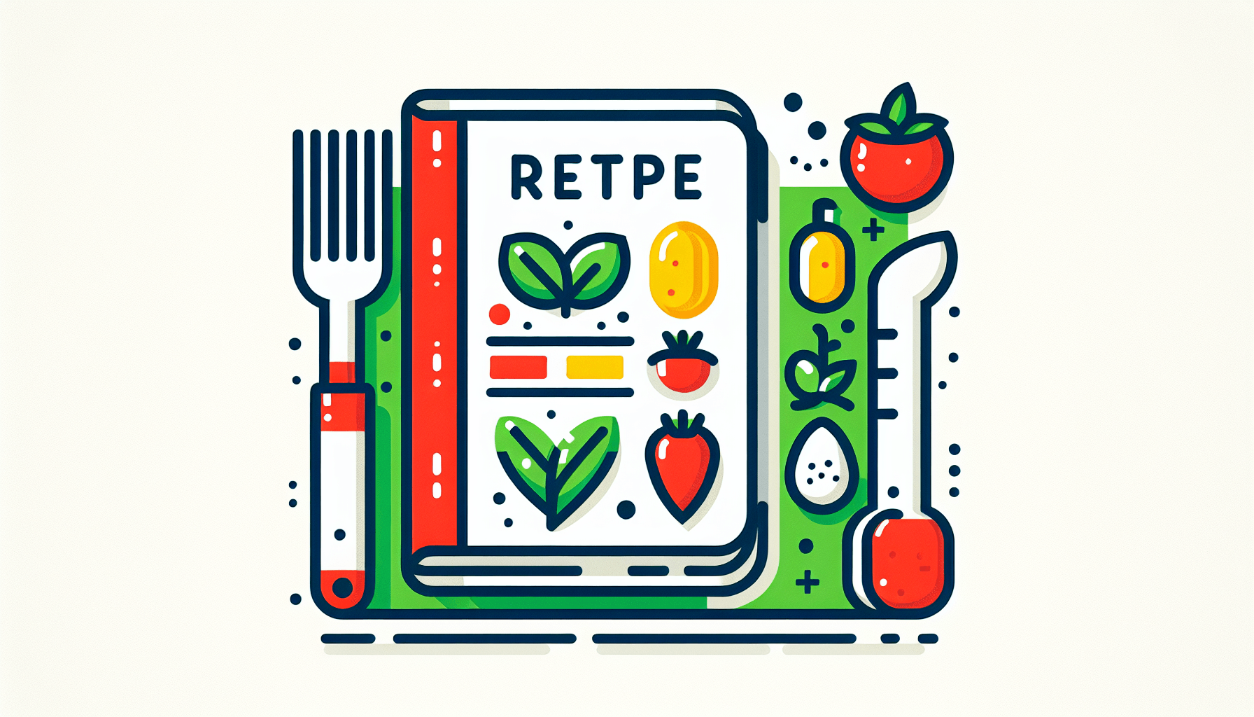 Meal preparation -> Recipe book in flat illustration style and white background, red #f47574, green #88c7a8, yellow #fcc44b, and blue #645bc8 colors.