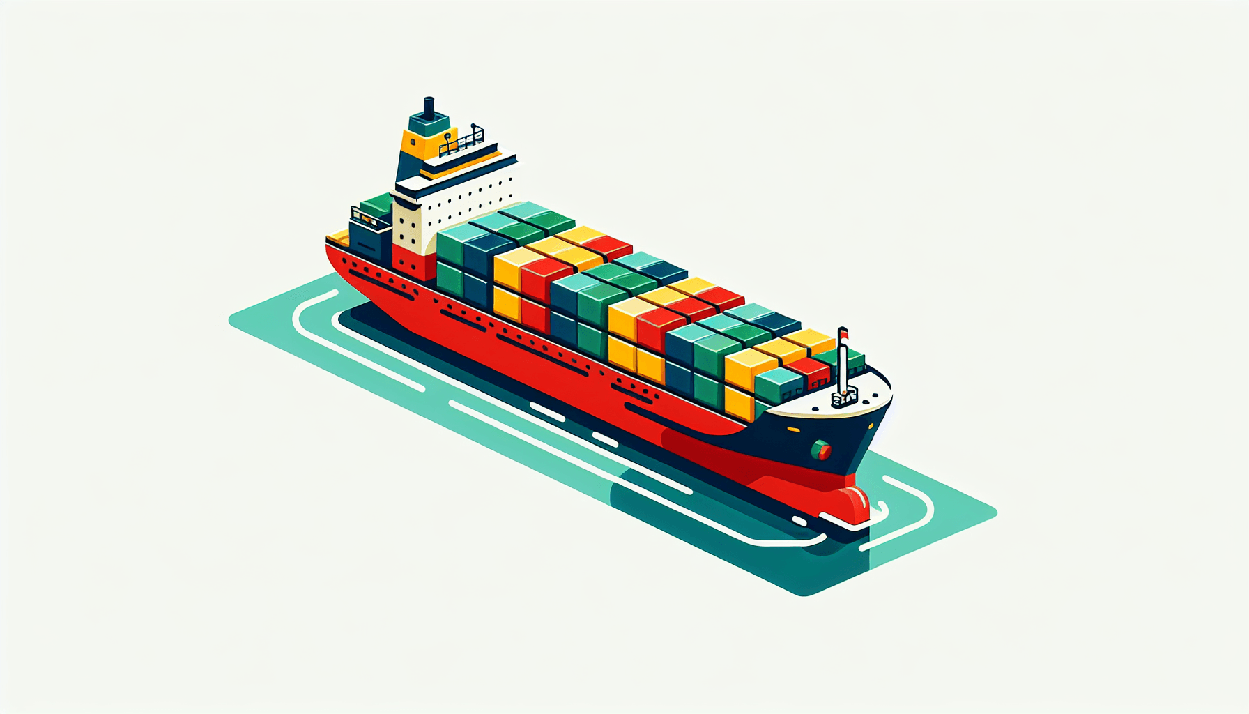 Cargo ship in flat illustration style and white background, red #f47574, green #88c7a8, yellow #fcc44b, and blue #645bc8 colors.