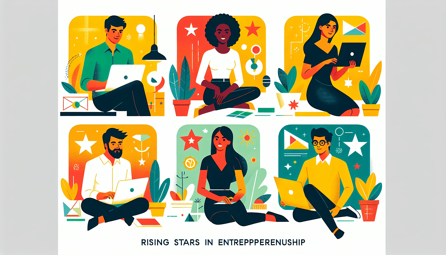 Young entrepreneurs -> Rising stars in flat illustration style and white background, red #f47574, green #88c7a8, yellow #fcc44b, and blue #645bc8 colors.