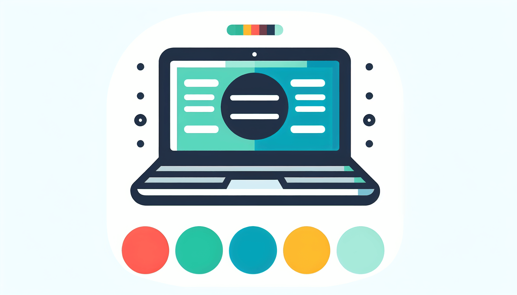 Laptop in flat illustration style and white background, red #f47574, green #88c7a8, yellow #fcc44b, and blue #645bc8 colors.