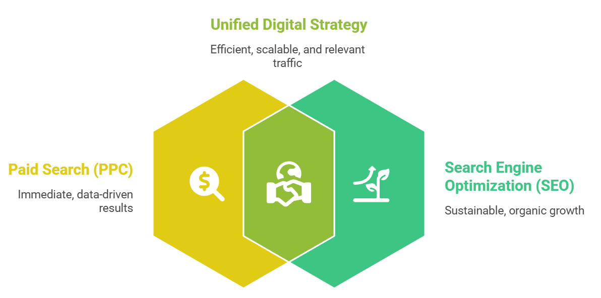 Diagram illustrating a unified digital marketing strategy that combines paid search (PPC) for immediate results and SEO for sustainable organic growth, working together to drive scalable and efficient traffic.